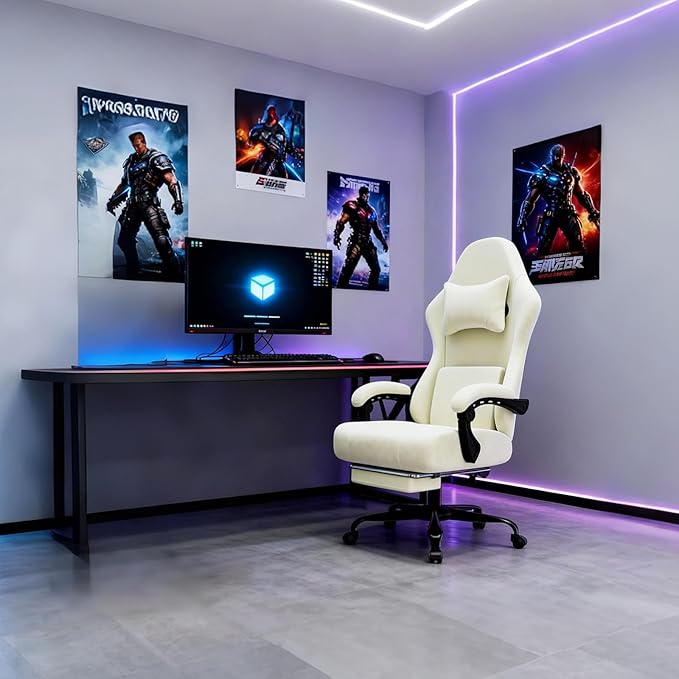 Ergonomic Gaming Chair, Video Game Chair with Massage Lumbar Support and Footrest, Height Adjustable Fabric Computer Chair with Pocket Spring Cushion (White) - Image 2